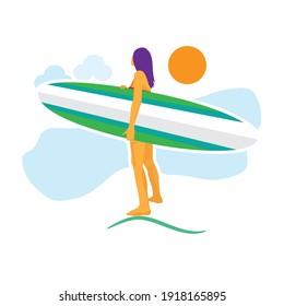 Young girl holding surfing board beside sea back view, flat character vector illustration on white background.