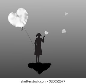 young girl holding the white cloud heart and standing on the flying rock, romantic time in dreamland, life on flying rock, black and white, vector