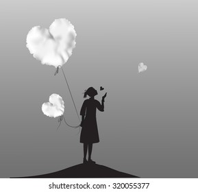 young girl holding the white cloud heart, Valentines day, romantic time in dreamland,  black and white, vector