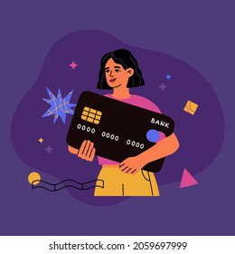 Young girl holds a big bank card. Modern secure electronic payment, transfer money, credit or debit option. Hand drawn flat vector illustration isolated on blue background with geometric shapes.