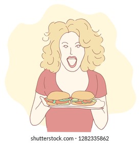 A young girl holds burgers in her hands. The concept of harmful food. Hand drawn style vector design illustrations.