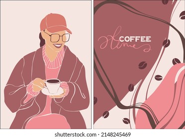 A young girl holds a cup of coffee in her hands. Girl in a cap and coat in a street cafe. Fashion coffee, great design for any purpose. Vector drawing. Natural aromatic drink. Vector concept.