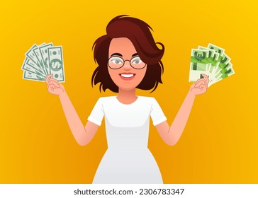 A young girl holds dollar bills in one hand and euros in the other. A beautiful woman with money in her hand. A happy businesswoman. Vector illustration on a yellow background.