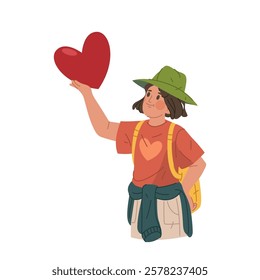 Young girl holds heart in hand, vector image or clipart. Little lady with heart as a gesture of love. Symbol of charity and support, sign of donation. Day of protection of children. Valentines day.