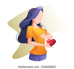 A young girl holds a heart in her hand. The concept of inner experiences and self-understanding. The psychology of self love.