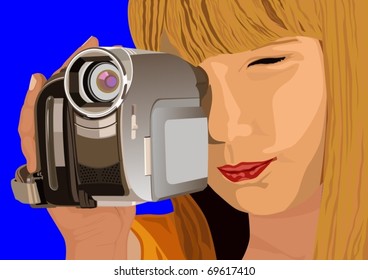 Young girl holds in her hand and takes the story to the modern digital camera.