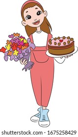 A young girl holds in her hands a birthday cake and a bouquet of flowers, a surprise for Mother's Day and Father's Day from a child to her parents
