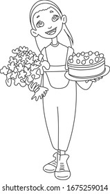 A young girl holds in her hands a birthday cake and a bouquet of flowers, a surprise for Mother's Day and Father's Day from a child to her parents - coloring page