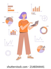 Young Girl Holds A Laptop In Her Hands And Demonstrates Pie And Column Charts And Graphs. Presentation In Front Of A School Audience. Vector Cartoon Illustration. 