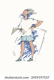 A young girl holds a map in her hands and looks into the distance. Poster, illustration for social media and visual content for surface design and other design projects. Sailing and fishing concept