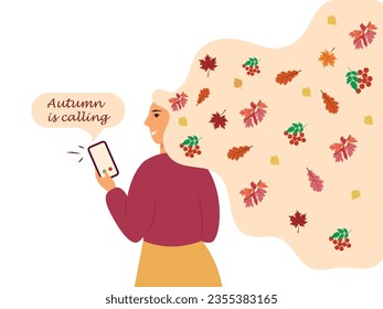 Una joven sostiene un teléfono móvil con la inscripción El otoño está sonando. Chica con hojas en el pelo. Concepto de otoño. Ilustración del vector