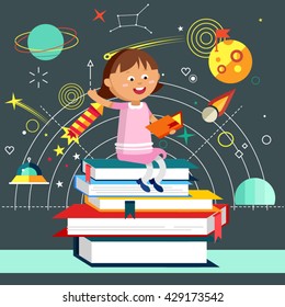 Young girl holds and read book, sitting on stack of big books. Imagination concept with opened book and planets, stars, space, slapstick, bear on bike with balloons. Fairy, magical adventure book.