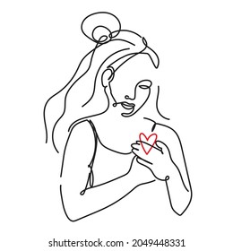 A young girl holds a red heart in hands and guards it. Vector illustration, Line art, line drawing. Trendy style. Minimalistic. Love, valentine. Lonely heart