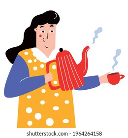 A young girl holds a teapot and a mug with a hot drink in her hands. The girl pours hot tea. Stylized character drawn by hand.