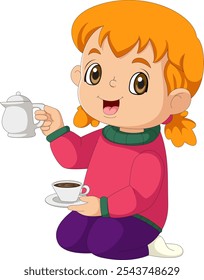 A young girl holds a teapot and a mug with a hot drink in her hands of illustration