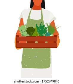 A young girl holds a wooden box with plant pots. The concept of mental health and hobbies, taking care of plants. Hand drawn flat vector graphic