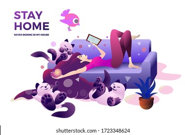 A young girl at home in a comfort room lies on the sofa with favorite cats. Stay home and spend time with gadget, Internet, social networks, and Pet. Online concept is fashion and popular for young
