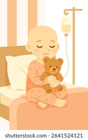 young girl in a hospital bed receiving an IV drip, holding a teddy bear close, Cancer 