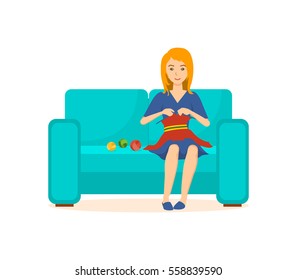 Young girl housewife knits dress on the couch, in the quiet of his home, against the background of an interior room. Vector illustration. Can be used in banner, mobile app, design.
