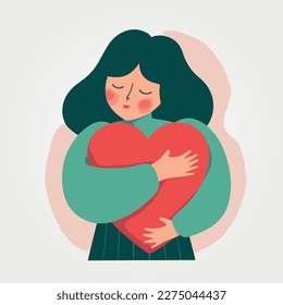 young girl hugged in plush heart, vector illustration