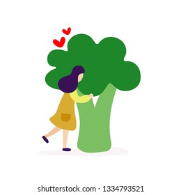 Young girl hugging big broccoli. Vector flat modern beauty style illustration icon design.Isolated on white background. Woman hugging broccoli,love vegetable,healthy food,vegeterian nutrition concept