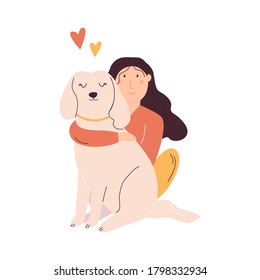 Young girl hugging her dog. Love your pet concept. Vector illustration.