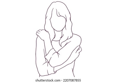 young girl hugging her self hand drawn style vector illustration