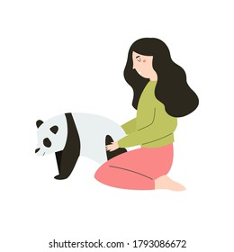 Young girl hugging smiling Earth planet. Love you planet concept. Nature conservation. Cute Vector illustration