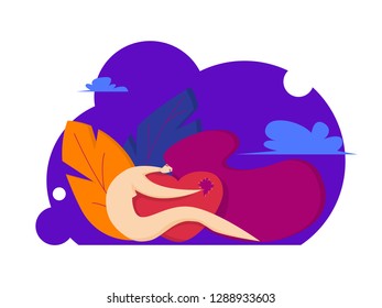 Young girl hugs a broken heart. Beautiful girl sad from unrequited love. Vector illustration in flat style
