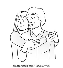 Young girl hugs an elderly woman. Hand drawn vector illustration. Black and white.