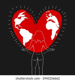 A young girl hugs a heart in the form of planet Earth. Love Earth concept design book illustration, banner, poster, placard. Save our planet. Vector