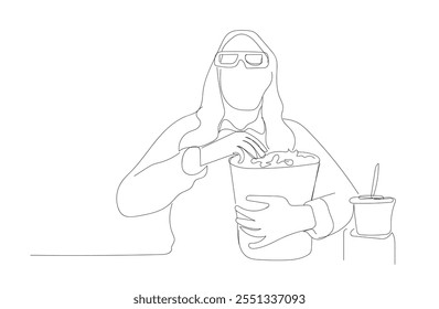 Young girl human cinema movie tv popcorn eat snack one line art design vector.  I love movie cinema icon. Watching movie concept in flat design style.  Hand made vector not AI.