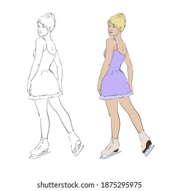 Young girl ice skating, winter figure skating sport, vector line drawing, two options