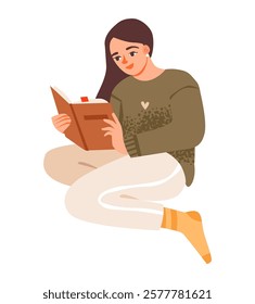 A young girl immersed in her book as a pastime. Flat vector illustration of a woman enjoying a good book.