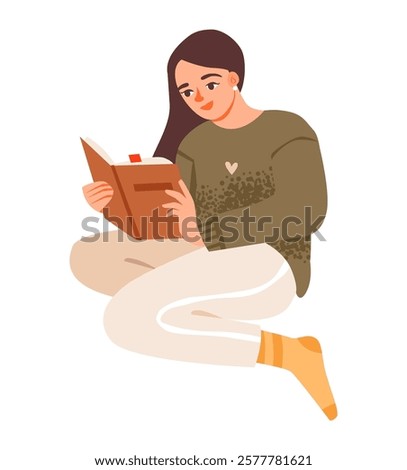 A young girl immersed in her book as a pastime. Flat vector illustration of a woman enjoying a good book.