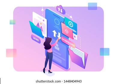 Young girl interacting with the data storage, downloads and uploads files to the cloud. Data exchange concept. 3d isometric. Concept for web design