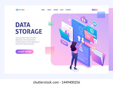 Young girl interacting with the data storage, downloads and uploads files to the cloud. Data exchange concept. 3d isometric. Landing page concepts and web design