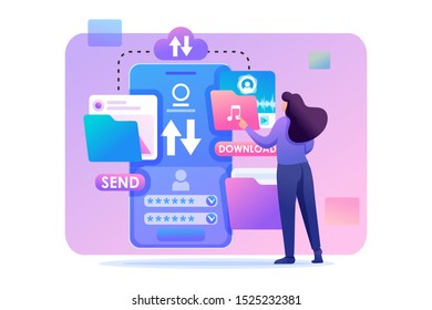 Young girl interacting with the data storage, downloads and uploads files to the cloud. Flat 2D character. Concept for web design
