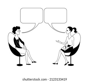 Young girl interviews woman with glasses. They sit on chairs opposite each other and talking with gesture and speech bubbles. Black and white vector image.