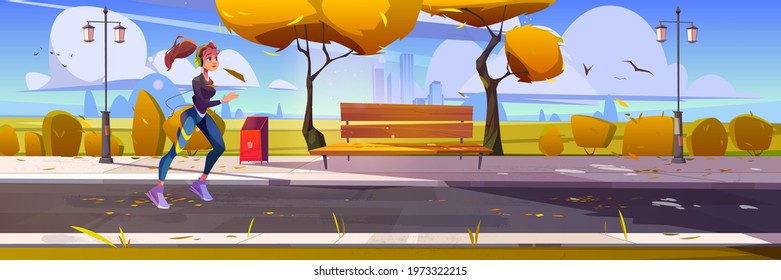 Young Girl Jogging In City Park, Sportswoman Run At Morning, Outdoor Sports Activity. Fit Female Character In Headset Exercising In Autumn Urban Garden, Healthy Lifestyle, Vector Cartoon Illustration