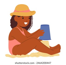 Young Girl Joyfully Building Sand Castle On The Beach. She Wears A Pink Swimsuit And A Stylish Straw Hat, Embodying A Moment Of Childhood Joy And Creativity Under The Sun. Cartoon Vector Illustration