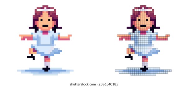 A young girl joyfully dances on one foot, wearing a charming blue dress and a white hair ribbon. The pixel art style captures a playful and vibrant atmosphere.