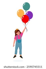 Young girl joyfully holding colorful balloons in a cheerful setting