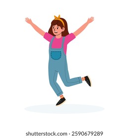 Young girl joyfully jumping in a playful pose on a bright background