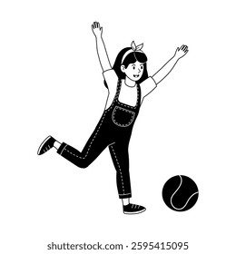 Young girl joyfully playing with a ball in a casual outdoor setting during the day