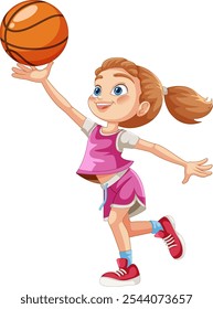 Young girl joyfully playing basketball