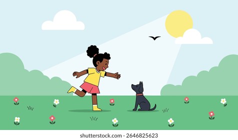 Young girl joyfully plays with her adorable black dog on a sunny spring day in a park with blooming flowers and green grass