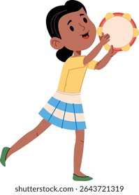 Uma menina alegremente toca um pandeiro com entusiasmo em um estilo de desenho animado. Ela é retratada em movimento, capturando um momento animado e alegre. Ilustração de vetor de desenhos animados.