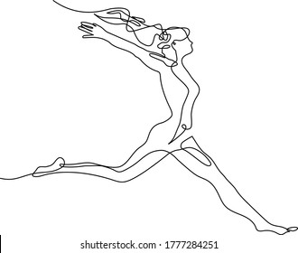 Young girl jumping continuous one line vector illustration minimalism style. The concept of success and victory, goal achievement