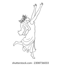 A young girl is jumping and dancing with her arms raised, side view with flowers braided into her long hair. Vector for logos of dance, sports and creative clubs, etc. Linear drawing of happy people